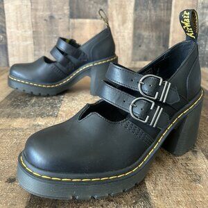 Dr. Martens Eviee Black Leather Platform Double Strap Mary Jane Shoes Womens 9